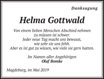 Traueranzeige von Helma Gottwald  von Magdeburger Volksstimme