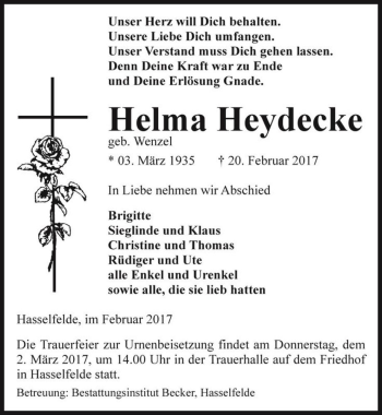 Traueranzeige von Helma Heydecke (geb. Wenzel)  von Magdeburger Volksstimme