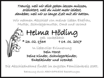 Traueranzeige von Helma Höding (geb. Unkelbach)  von Magdeburger Volksstimme