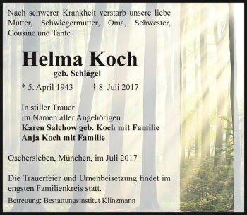 Traueranzeige von Helma Koch (geb. Schlägel)  von Magdeburger Volksstimme