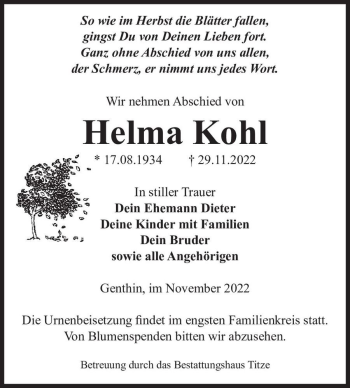 Traueranzeige von Helma Kohl  von Magdeburger Volksstimme