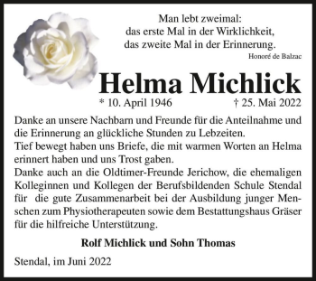 Traueranzeige von Helma Michlick  von Magdeburger Volksstimme
