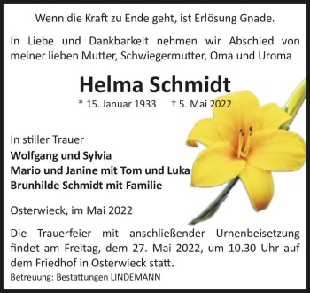 Traueranzeige von Helma Schmidt  von Magdeburger Volksstimme