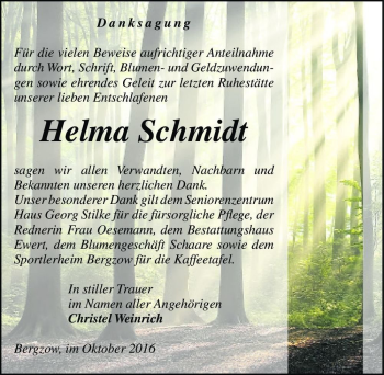 Traueranzeige von Helma Schmidt  von Magdeburger Volksstimme