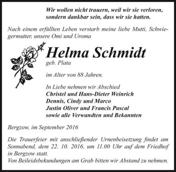 Traueranzeige von Helma Schmidt (geb. Plata)  von Magdeburger Volksstimme
