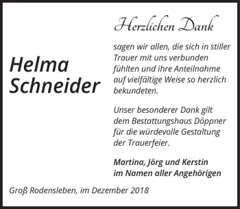 Traueranzeige von Helma Schneider  von Magdeburger Volksstimme