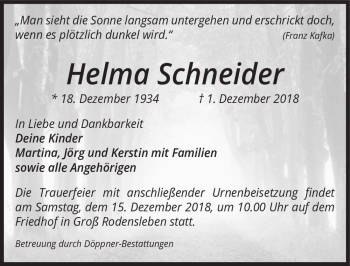 Traueranzeige von Helma Schneider  von Magdeburger Volksstimme