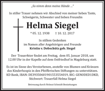 Traueranzeige von Helma Siegel  von Magdeburger Volksstimme