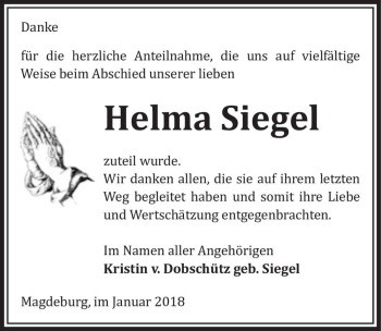 Traueranzeige von Helma Siegel  von Magdeburger Volksstimme