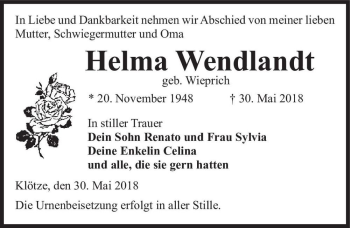 Traueranzeige von Helma Wendlandt (geb. Wieprich)  von Magdeburger Volksstimme