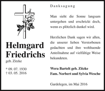 Traueranzeige von Helmgard Friedrichs (geb. Zitzke)  von Magdeburger Volksstimme