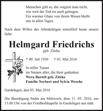 Traueranzeige von Helmgard Friedrichs (geb. Zitzke)  von Magdeburger Volksstimme