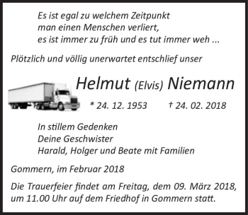 Traueranzeige von Helmut (Elvis) Niemann  von Magdeburger Volksstimme