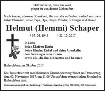 Traueranzeige von Helmut (Hemmi) Schaper  von Magdeburger Volksstimme