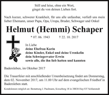 Traueranzeige von Helmut 