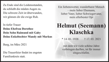 Traueranzeige von Helmut (Seemann) Klaschka  von Magdeburger Volksstimme
