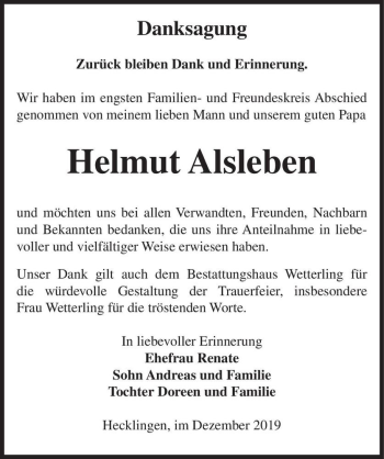 Traueranzeige von Helmut Alsleben  von Magdeburger Volksstimme