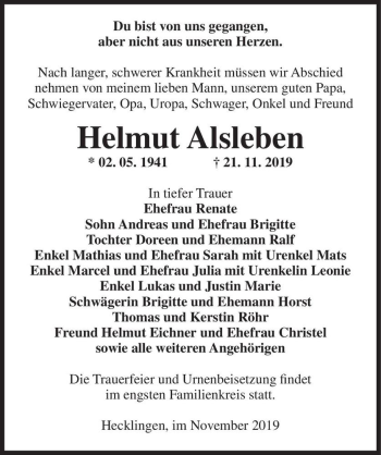 Traueranzeige von Helmut Alsleben  von Magdeburger Volksstimme