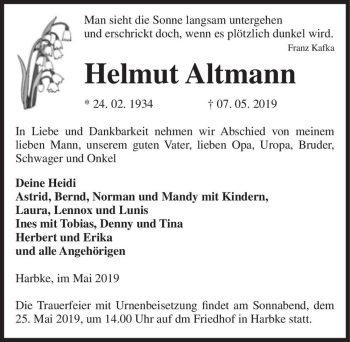 Traueranzeige von Helmut Altmann  von Magdeburger Volksstimme
