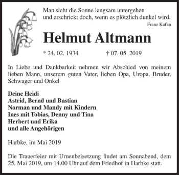 Traueranzeige von Helmut Altmann  von Magdeburger Volksstimme