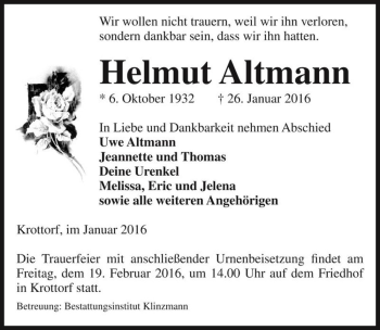 Traueranzeige von Helmut Altmann  von Magdeburger Volksstimme