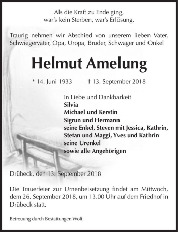 Traueranzeige von Helmut Amelung  von Magdeburger Volksstimme