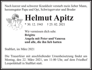Traueranzeige von Helmut Apitz  von Magdeburger Volksstimme