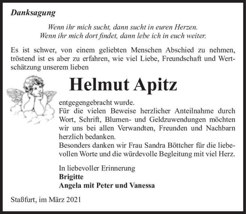  Traueranzeige für Helmut Apitz  vom 27.03.2021 aus Magdeburger Volksstimme
