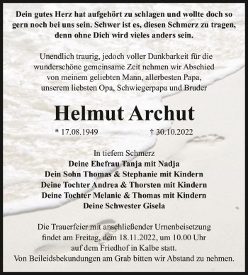 Traueranzeige von Helmut Archut  von Magdeburger Volksstimme