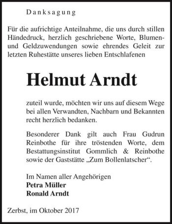 Traueranzeige von Helmut Arndt  von Magdeburger Volksstimme