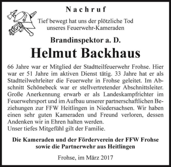 Traueranzeige von Helmut Backhaus  von Magdeburger Volksstimme