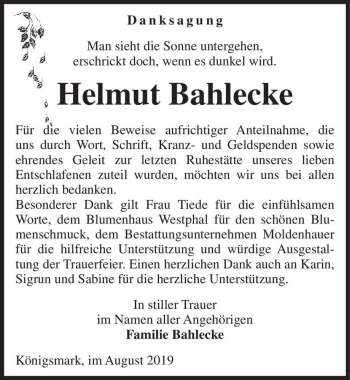 Traueranzeige von Helmut Bahlecke  von Magdeburger Volksstimme