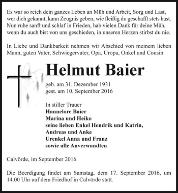 Traueranzeige von Helmut Baier  von Magdeburger Volksstimme