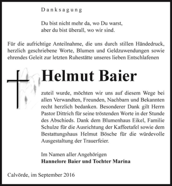 Traueranzeige von Helmut Baier  von Magdeburger Volksstimme