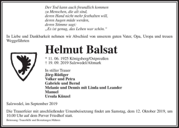 Traueranzeige von Helmut Balsat  von Magdeburger Volksstimme