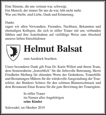 Traueranzeige von Helmut Balsat  von Magdeburger Volksstimme
