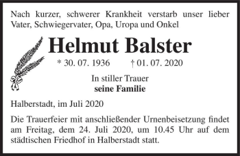 Traueranzeige von Helmut Balster  von Magdeburger Volksstimme