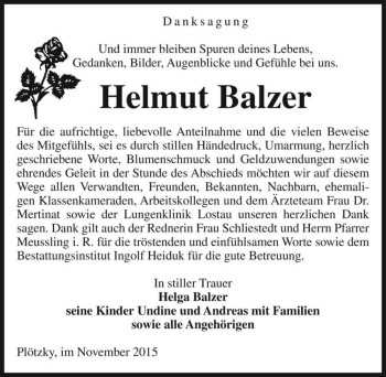 Traueranzeige von Helmut Balzer  von Magdeburger Volksstimme