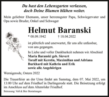 Traueranzeige von Helmut Baranski  von Magdeburger Volksstimme