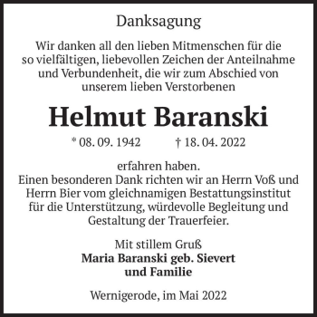 Traueranzeige von Helmut Baranski  von Magdeburger Volksstimme