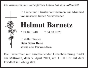 Traueranzeige von Helmut Barnetz  von Magdeburger Volksstimme