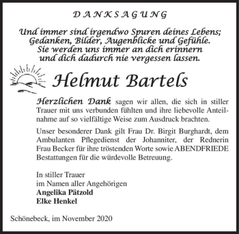 Traueranzeige von Helmut Bartels  von Magdeburger Volksstimme