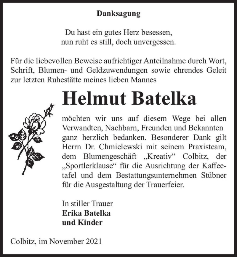  Traueranzeige für Helmut Batelka  vom 27.11.2021 aus Magdeburger Volksstimme