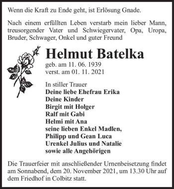 Traueranzeige von Helmut Batelka  von Magdeburger Volksstimme