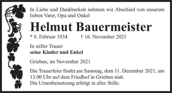 Traueranzeige von Helmut Bauermeister  von Magdeburger Volksstimme
