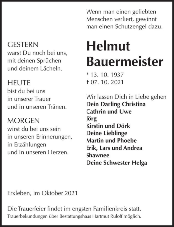 Traueranzeige von Helmut Bauermeister  von Magdeburger Volksstimme