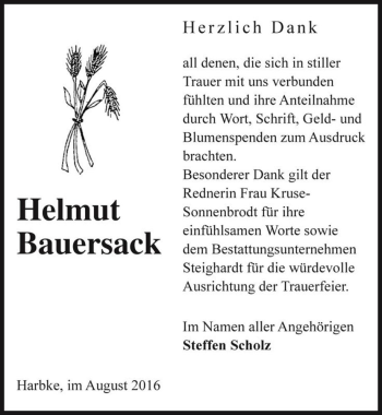 Traueranzeige von Helmut Bauersack  von Magdeburger Volksstimme