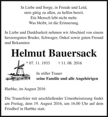 Traueranzeige von Helmut Bauersack  von Magdeburger Volksstimme