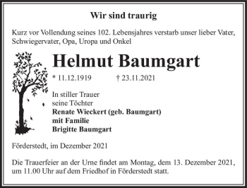 Traueranzeige von Helmut Baumgart  von Magdeburger Volksstimme
