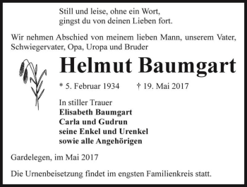 Traueranzeige von Helmut Baumgart  von Magdeburger Volksstimme